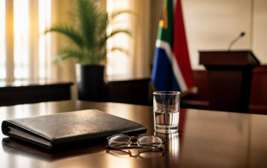 Illustrated government briefing desk with a folder, reading glasses and a glass of water