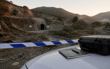 Symbolic police barrier and investigation notebook near a fenced disused mine