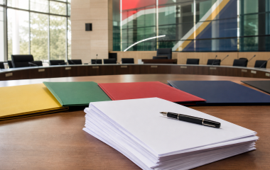 Symbolic municipal council chamber with agreement papers and coloured folders