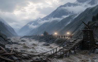 Non-documentary illustration of rescue teams searching a flood-damaged Himalayan valley