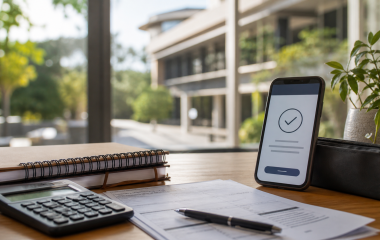 Generic university study desk with a calculator, application papers and payment confirmation on a phone