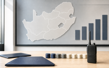 Conceptual South Africa operations dashboard with an abstract map and anonymous counters