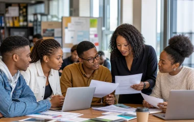 Young South African applicants reviewing bursary and opportunity documents with a career adviser