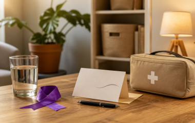 Conceptual community-support desk with a purple awareness ribbon and first-aid kit