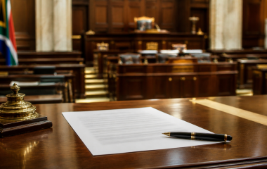 Formal apology letter and pen in an empty parliamentary chamber