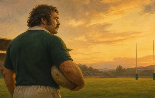 Editorial illustration of a 1970s rugby hooker holding a ball on a field at sunset