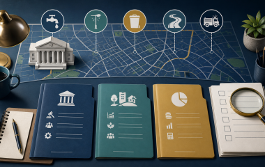 Editorial illustration representing municipal election campaigning and service-delivery commitments