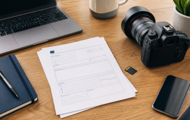 Clean communications desk with camera, memory card, laptop and press release checklist