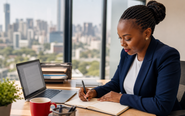 South African communications professional preparing an organisational press release for online publication