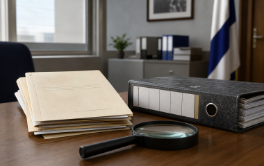 Conceptual public-service registry desk with personnel files and magnifying glass