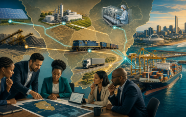 Illustration of Southern African businesses connected by rail, road, ports and regional industries