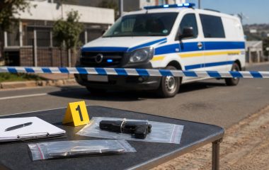 Police van behind cordon tape and secured evidence