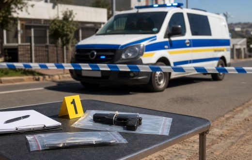 Police van behind cordon tape and secured evidence