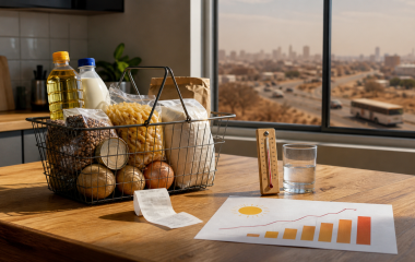 Illustrated grocery basket, thermometer and price chart representing weather-related inflation