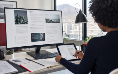 Editor preparing a clear search-friendly organisational article on a desktop computer