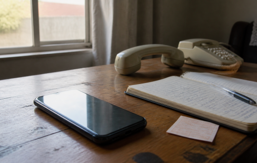 Modern cellphone and older landline on a South African household table