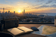 Illustrated South African newsroom desk overlooking a city at sunrise