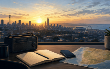 Illustrated South African newsroom desk overlooking a city at sunrise