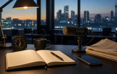 Early-morning newsroom desk with a microphone, notebook, clock and Johannesburg skyline