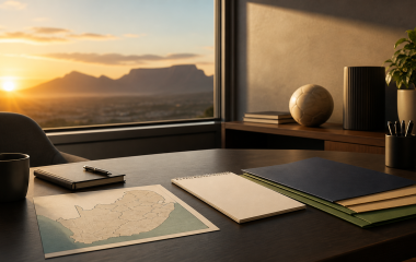 Non-documentary illustration of an empty South African newsroom desk at dawn