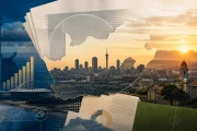 Illustration of a South African city at sunrise with a map outline, newspaper pages and symbols for business, weather and sport
