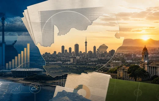 Illustration of a South African city at sunrise with a map outline, newspaper pages and symbols for business, weather and sport