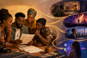 Illustration of South African music creators reviewing royalty information beside studio and broadcast scenes