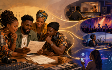 Illustration of South African music creators reviewing royalty information beside studio and broadcast scenes