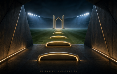 Editorial illustration of an empty football stadium pathway leading from a tunnel towards an abstract final gateway.