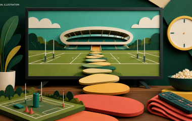 Editorial illustration of an empty rugby pitch on a television with stepping stones leading towards a stadium and a blank clock.