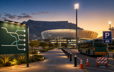 Non-documentary illustration of rugby supporters travelling through Cape Town