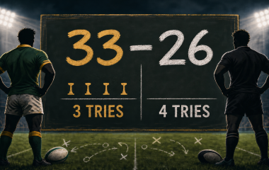 Editorial illustration of a 33-26 rugby scorecard comparing three tries with four and showing four penalty-kick markers.
