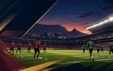 Illustration of two South African football teams warming up before an evening match in Cape Town