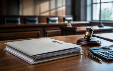 Conceptual commercial-crimes court desk with a closed file, gavel and calculator