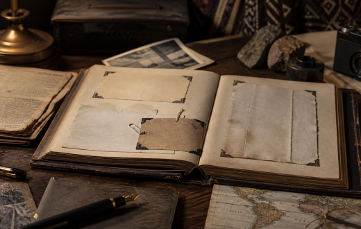 A symbolic archive desk with an open scrapbook and historical materials