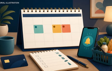Editorial illustration of a blank calendar with three highlighted payment days beside a generic bank card, phone and grocery checklist.
