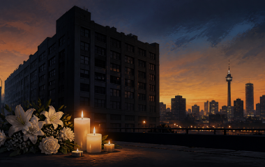 Memorial illustration with candles and flowers beside a Johannesburg inner-city building