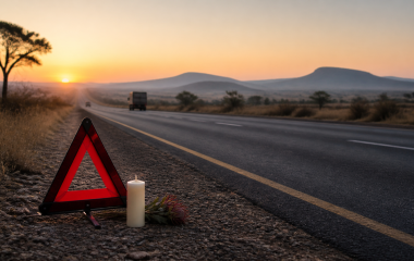 Non-documentary road-safety illustration showing a warning triangle and memorial candle on a Southern African highway