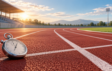 Empty athletics track with an unbranded stopwatch in the foreground
