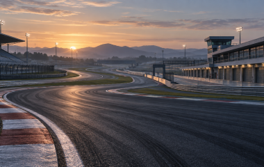 Empty motor-racing circuit at dawn with no cars or people
