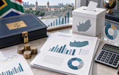 Illustration of political funding reports, charts, coins and a ballot box