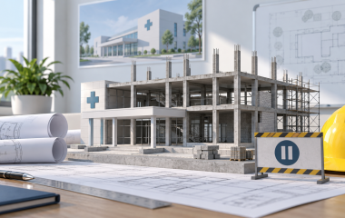 Illustration of an unfinished clinic model on architectural plans