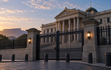 Illustration of a secured government-building perimeter at dawn
