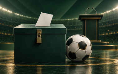 Illustration of a ballot box and football inside a stadium