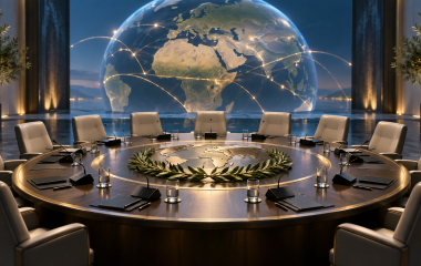 Editorial illustration of an empty diplomatic table, a globe and an olive branch