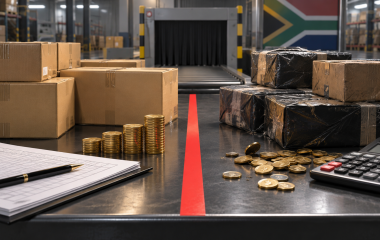 Editorial illustration of unmarked shipping boxes, coins and customs documents