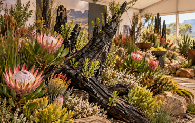 Editorial illustration of a fynbos exhibition with charred wood and flowering indigenous plants