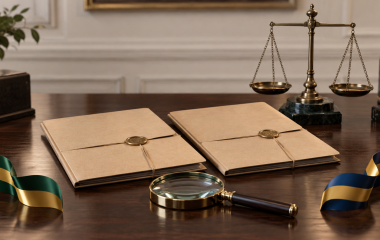 Editorial illustration of case files, scales and a magnifying glass