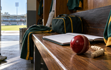 Editorial still life of a cricket ball, bails and scorebook in a dressing room