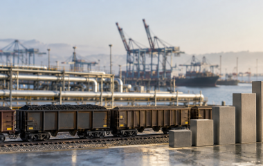 Editorial illustration of freight wagons, port cranes, pipelines and rising chart blocks
